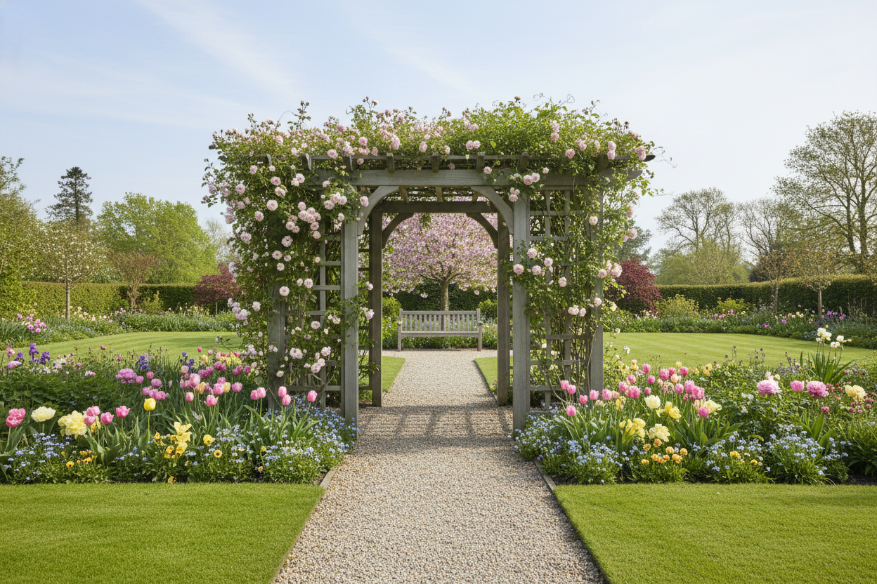 A photorealistic, wide-angle view of a modern grey-wash timber arbour in a quintessential UK garden during late spring. Delicate pale pink roses and vibrant green clematis climb the arbour, which is bathed in soft, diffused mid-morning daylight. A gravel path leads towards the arbour, framed by lush lawns and borders filled with pastel spring blooms. The scene evokes warmth, serenity, and new beginnings with its dominant palette of greens, pinks, and greys.