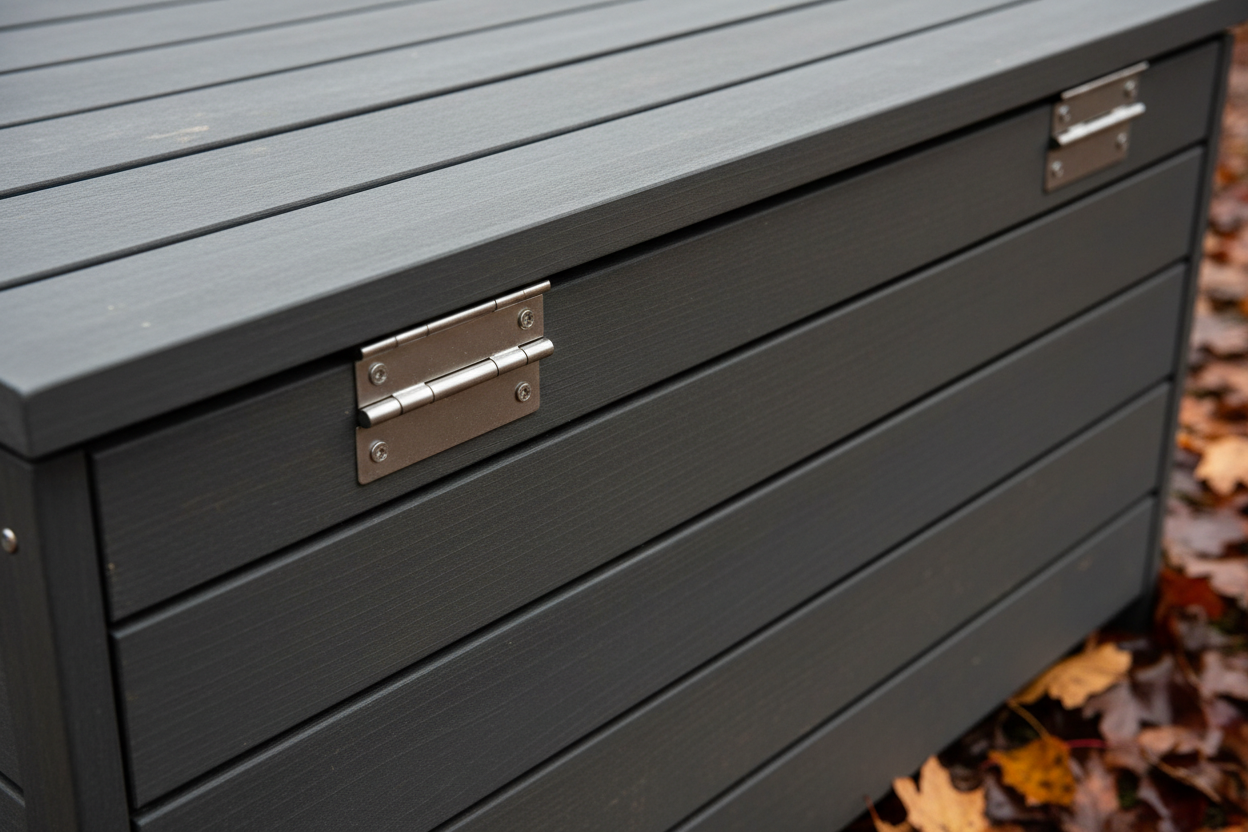 A photorealistic, close-up of a modern, charcoal grey wooden outdoor storage chest. The image emphasizes the weathered texture and craftsmanship, showcasing the natural wood grain, precise joinery, and brushed metal hardware. A few damp autumn leaves are scattered near the base. Soft, natural daylight highlights the tactile qualities, the deep grey wood, and hints of earthy brown from the leaves. The focus is sharp on the details and the durable, weather-resistant finish.