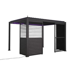 Sleek black metal pergola with modern slatted design, perfect for outdoor garden and backyard patio shade and relaxation zones, featuring integrated LED lighting.