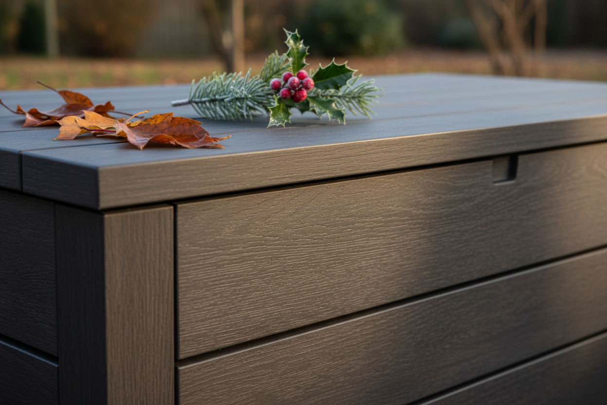 A close-up, low-angle view of a modern dark oak effect outdoor storage box. The image emphasizes the realistic wood grain texture and seamless lid construction. Damp autumn leaves in russet and gold are scattered at the base, and a frosted sprig of holly with red berries rests on the lid. Soft, late afternoon natural light casts subtle shadows, highlighting the box's depth and quality against a blurred, earthy winter background. Professional, photorealistic product shot.