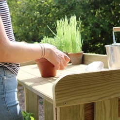 Potted herbs gardening on a wooden outdoor planter with gardening tools, creating a lush garden herb space for fresh herbs and sustainable outdoor living.