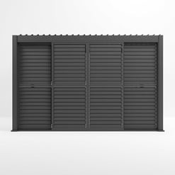 Black metal privacy slatted fence panel for outdoor home and garden décor, durable and stylish security fencing solution.