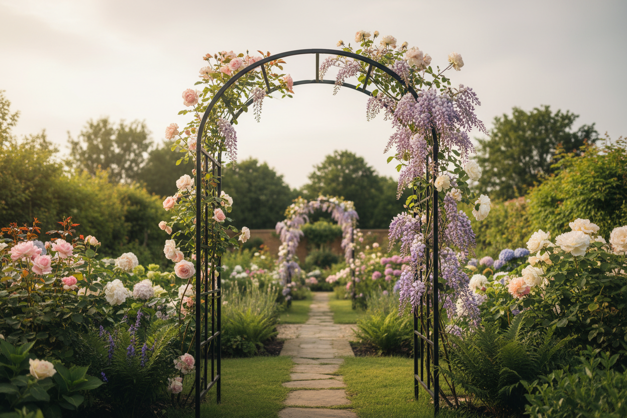 A photorealistic image of a modern black metal garden arch, standing 2.5m high and 1.5m wide, positioned at the entrance to a lush UK garden in late spring. The arch is beautifully draped with climbing roses in soft pink and white hues, along with developing purple wisteria blooms. The scene is illuminated by warm, diffused late morning light, creating gentle shadows. The low camera angle emphasizes the arch's grandeur, framing a charming stone pathway beyond and showcasing a welcoming palette of greens, pastels, and dark metal.
