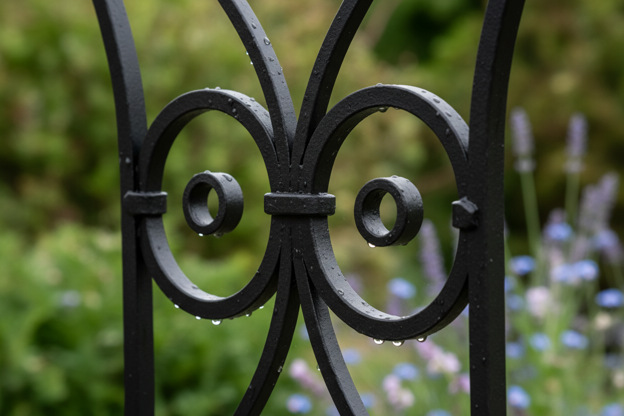 Close-up of intricate, hand-forged scrollwork on a contemporary wrought iron garden arch. The metal has a robust, matte charcoal finish with glistening dewdrops. Soft, natural daylight highlights the craftsmanship and artisanal quality of the durable, elegantly designed structure. The background features out-of-focus vibrant green foliage and hints of forget-me-nots and lavender.