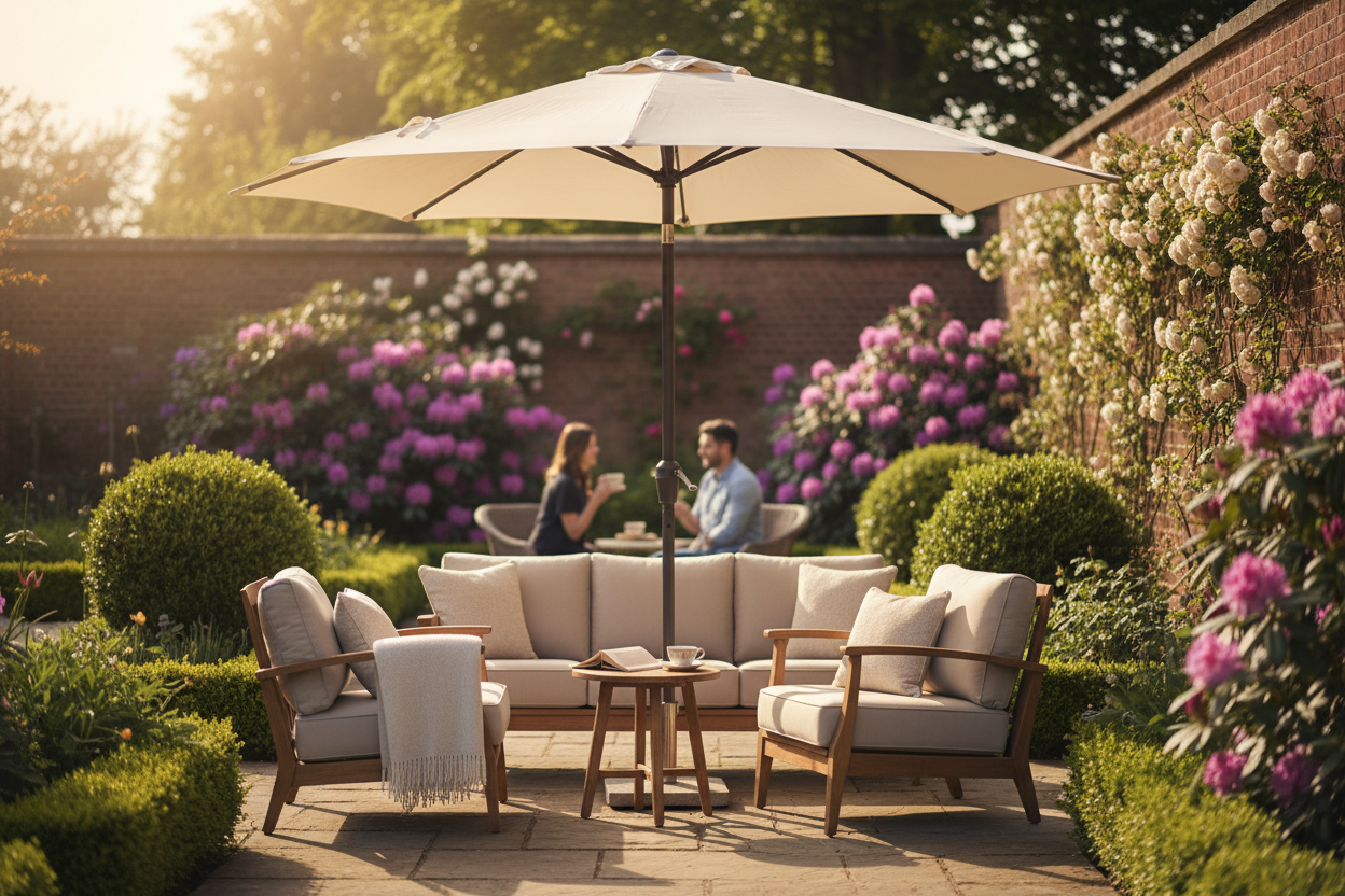 A photorealistic image of a contemporary, cream-coloured garden parasol casting gentle shade over a comfortable outdoor lounge area with plush cushions and a side table in a charming UK garden. Blooming rhododendrons and manicured box hedging frame the scene, bathed in warm, golden hour sunlight. In the softly blurred background, silhouetted figures of a couple enjoying a cup of tea add a sense of relaxed enjoyment.