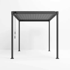 Modern black outdoor patio pergola with adjustable sides, ideal for enhancing backyard spaces and outdoor living areas. Crafted from durable materials for lasting outdoor use.