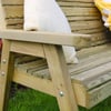 Bright outdoor wooden garden bench with a slatted backrest, armrest, and sturdy frame, perfect for relaxing in the backyard or patio.