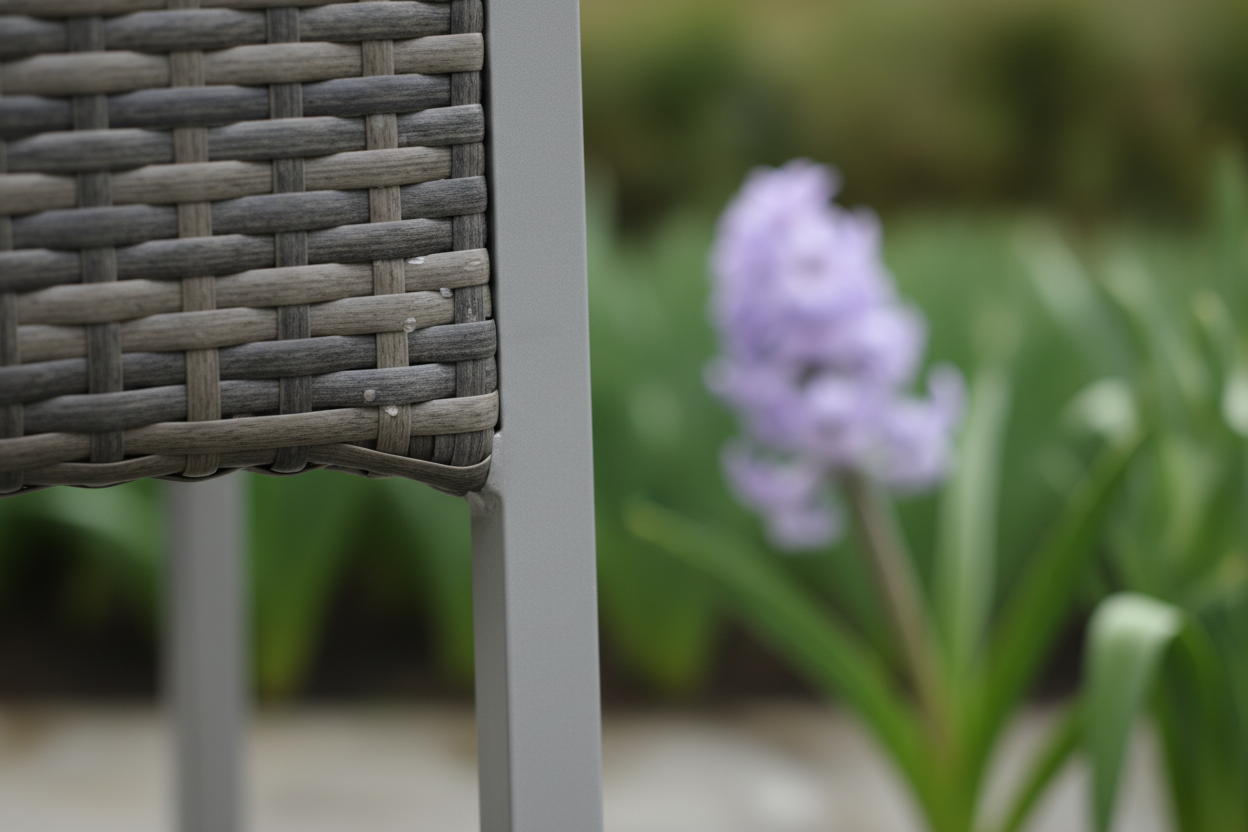 A photorealistic, close-up shot of a modern garden dining chair, highlighting the intricate woven grey rattan weave and a brushed aluminium leg. Subtle colour variations in the rattan and the matte finish of the metal are visible, along with a few dew drops suggesting a fresh spring morning. The background is softly blurred with hints of green foliage and pastel spring flowers.