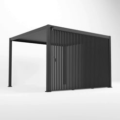 Sleek black modern pergola with slatted design, ideal for stylish outdoor patio cover and garden shade solutions, featuring durable metal construction.