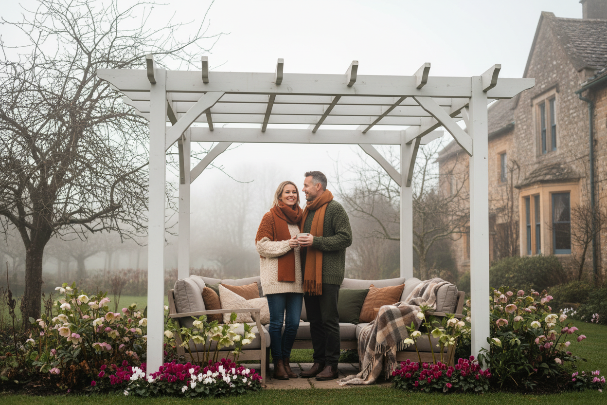 A photorealistic image of a couple in their late 30s, dressed in warm knitwear, holding steaming mugs of hot drinks under a white wooden pergola in a UK garden during early winter. The scene captures a cosy, hygge atmosphere with bare trees, winter flowers, and a light mist, with a traditional country house visible in the soft-focus background.