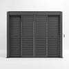 Louvered black privacy outdoor gate, durable metal garden enclosure for backyard or patio decor. Perfect for enhancing security and style in outdoor living spaces.