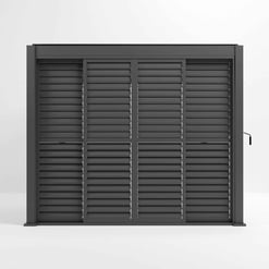 Louvered black privacy outdoor gate, durable metal garden enclosure for backyard or patio decor. Perfect for enhancing security and style in outdoor living spaces.