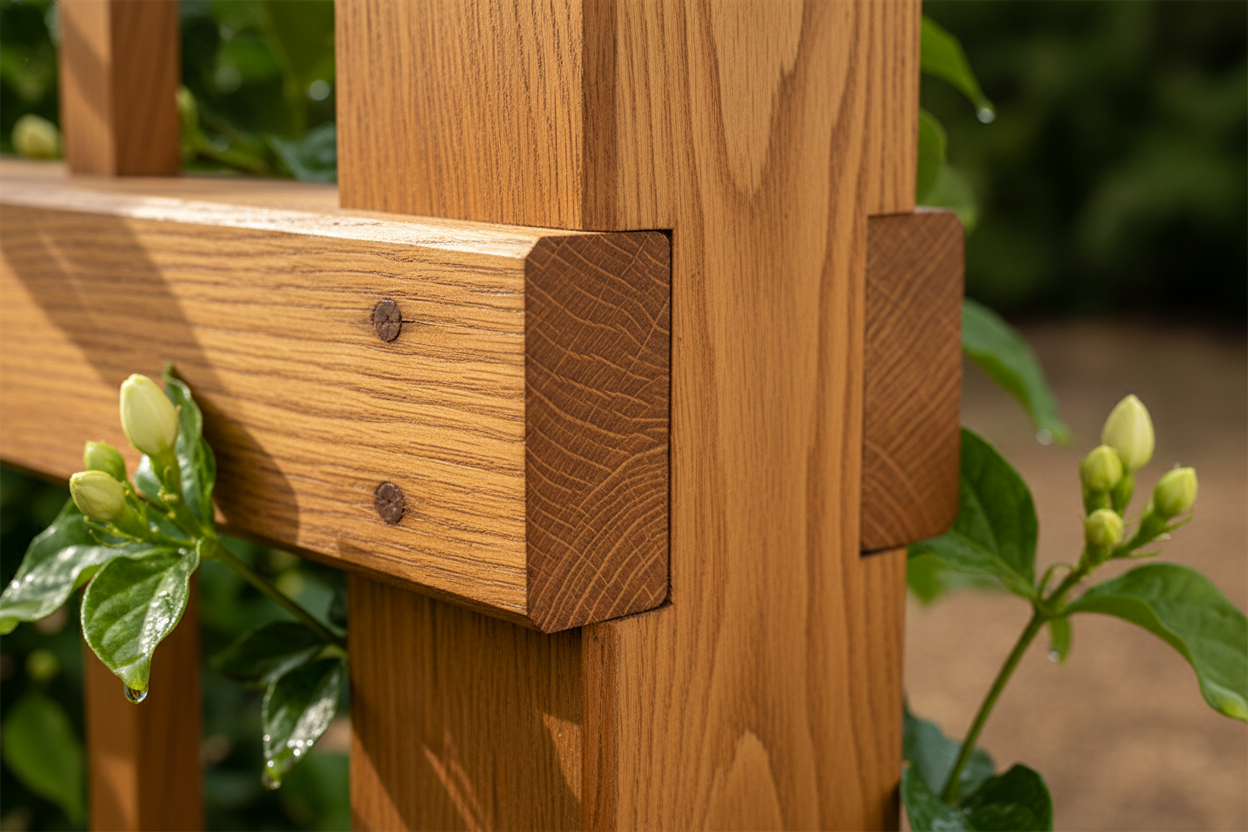 A close-up, photorealistic image focusing on the intricate mortise and tenon joinery of a premium, FSC-certified oak arbour. The natural wood grain and subtle imperfections are highlighted by angled, soft daylight. Dew-kissed jasmine buds hint at future blooms, with a softly blurred background of green foliage and earthy tones.