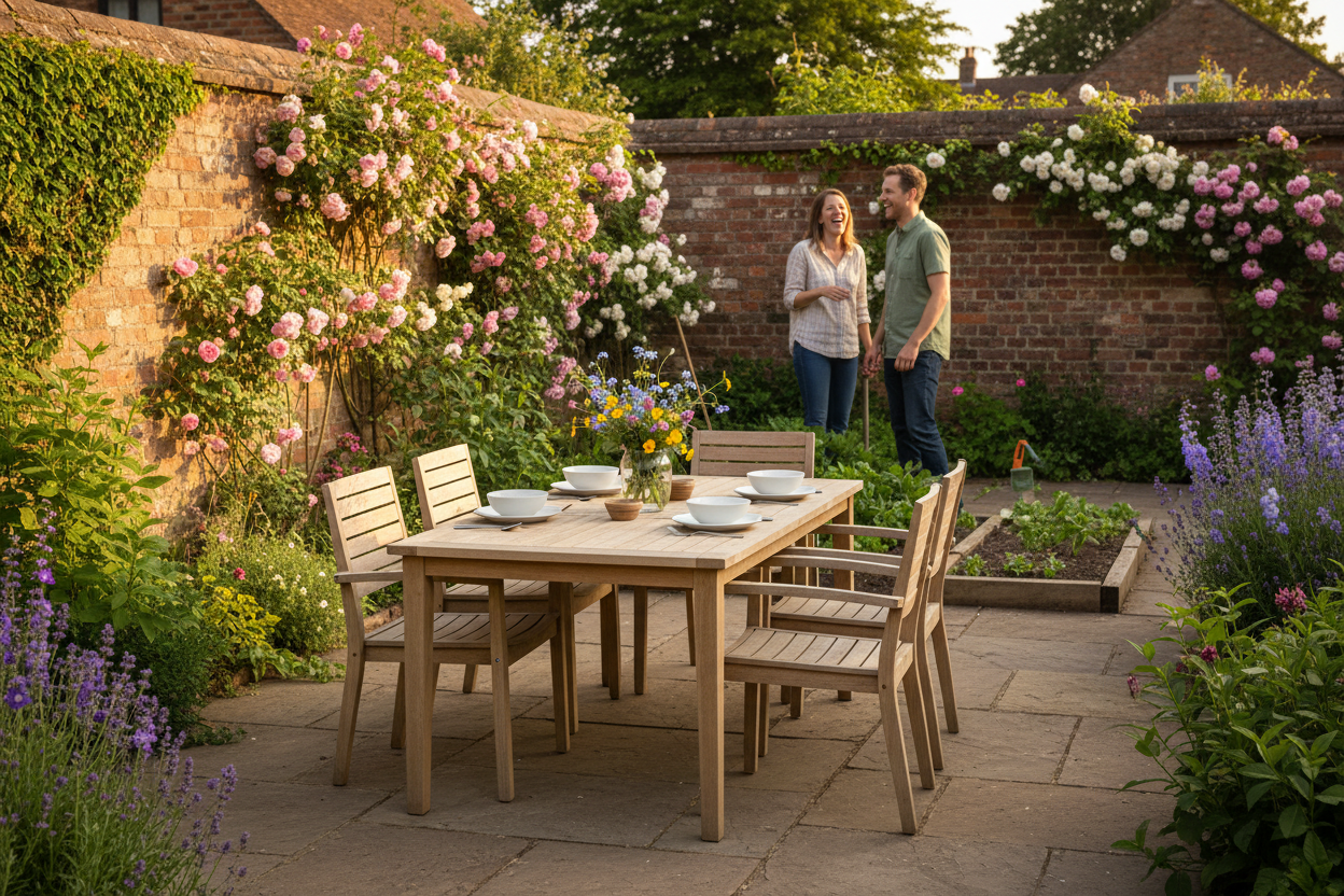 A photorealistic image of a stylish, light oak garden dining set in a charming UK cottage garden on a sunny spring afternoon. The table is partially set with white tableware and a vase of wildflowers. In the softly blurred background, a couple laughs and talks while tending a vegetable patch. Rambling roses, green shrubs, and a brick wall are visible. Golden hour sunlight creates a warm, inviting atmosphere, capturing a moment of enjoyment and connection.
