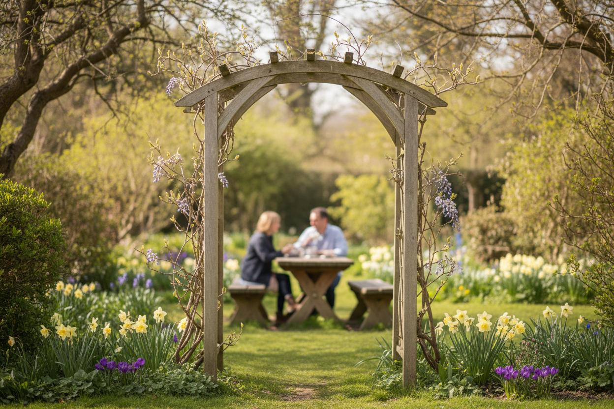 A photorealistic image of a weathered grey wooden garden arch in a charming UK cottage garden on a mild spring afternoon. Delicate wisteria buds are just starting to grow on the arch, which acts as a gateway to a secluded seating area. Blurred figures of a couple enjoying tea are visible in the background. The garden is filled with pale yellow daffodils, purple crocuses, and lush green foliage. Soft, natural sunlight filters through the trees, creating a serene and idyllic atmosphere.