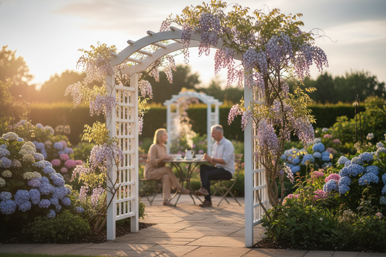 A photorealistic medium shot of a charming UK garden in late spring. A contemporary white wooden arbour, adorned with soft lilac wisteria, stands prominently. In the slightly blurred background, a couple enjoys tea at a bistro table under another arbour, silhouetted against the warm golden light of the late afternoon sun. Blooming hydrangeas in soft blues and pinks add to the peaceful and aspirational garden scene.