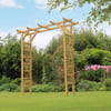 Elegant wooden garden arbor in a lush, flowering landscape ideal for outdoor living and garden décor.
