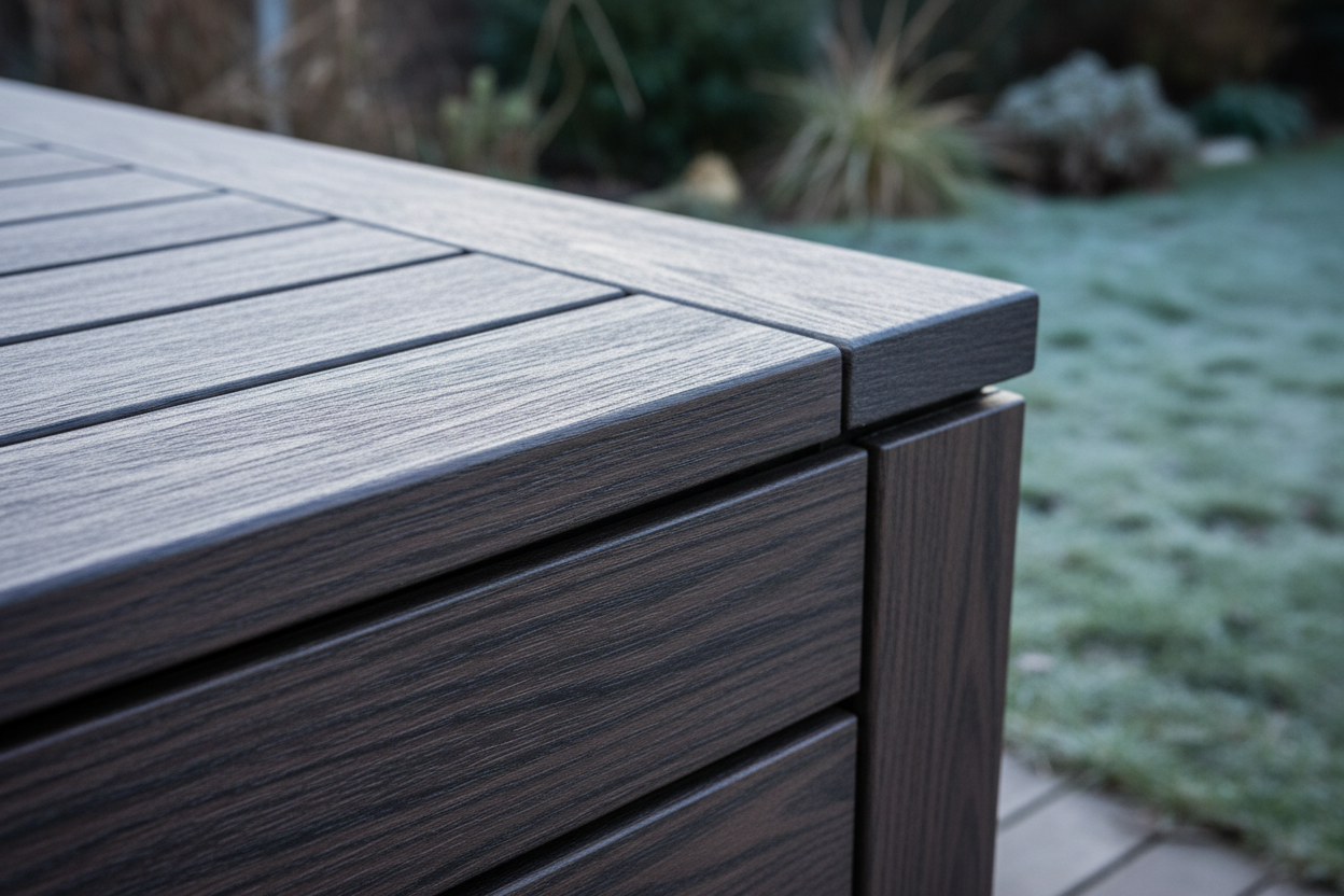 A close-up, photorealistic shot of the corner of a dark oak effect composite garden storage box. The textured grain of the weather-resistant material is highlighted by diffused winter daylight, showcasing robust craftsmanship. The background is softly blurred, hinting at a UK garden with frosted grass and evergreen foliage.