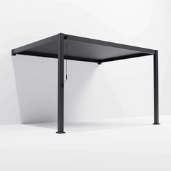 Modern black patio pergola with adjustable canopy for outdoor living, shading, and entertaining areas. Durable, stylish, and perfect for creating a comfortable garden or backyard retreat.