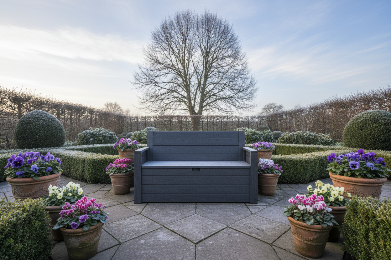 A wide, eye-level shot captures a modern, charcoal grey composite wood effect outdoor storage bench on a paved patio in a quintessential UK garden. The garden is bordered by manicured box hedging, with terracotta pots holding muted purple and white winter flowering pansies and cyclamen. A mature, bare-branched deciduous tree, lightly frosted, stands in the background. Soft, diffused light from a crisp winter morning illuminates the scene under a pale blue, slightly overcast sky, creating a warm and inviting atmosphere that highlights the bench's practical and aesthetic appeal.