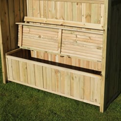 Custom wooden garden shed with foldable workbench, outdoor storage for tools and gardening supplies, made of durable cedar, perfect for backyard organization and outdoor projects.