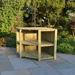 Wood outdoor plant stand or garden shelf for patio or backyard decor.