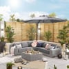 Contemporary outdoor patio with gray sectional sofa, wicker coffee table, lush potted plants, wooden privacy fence, and large umbrella for relaxing garden entertainment.