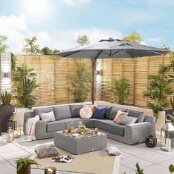 Contemporary outdoor patio with gray sectional sofa, wicker coffee table, lush potted plants, wooden privacy fence, and large umbrella for relaxing garden entertainment.