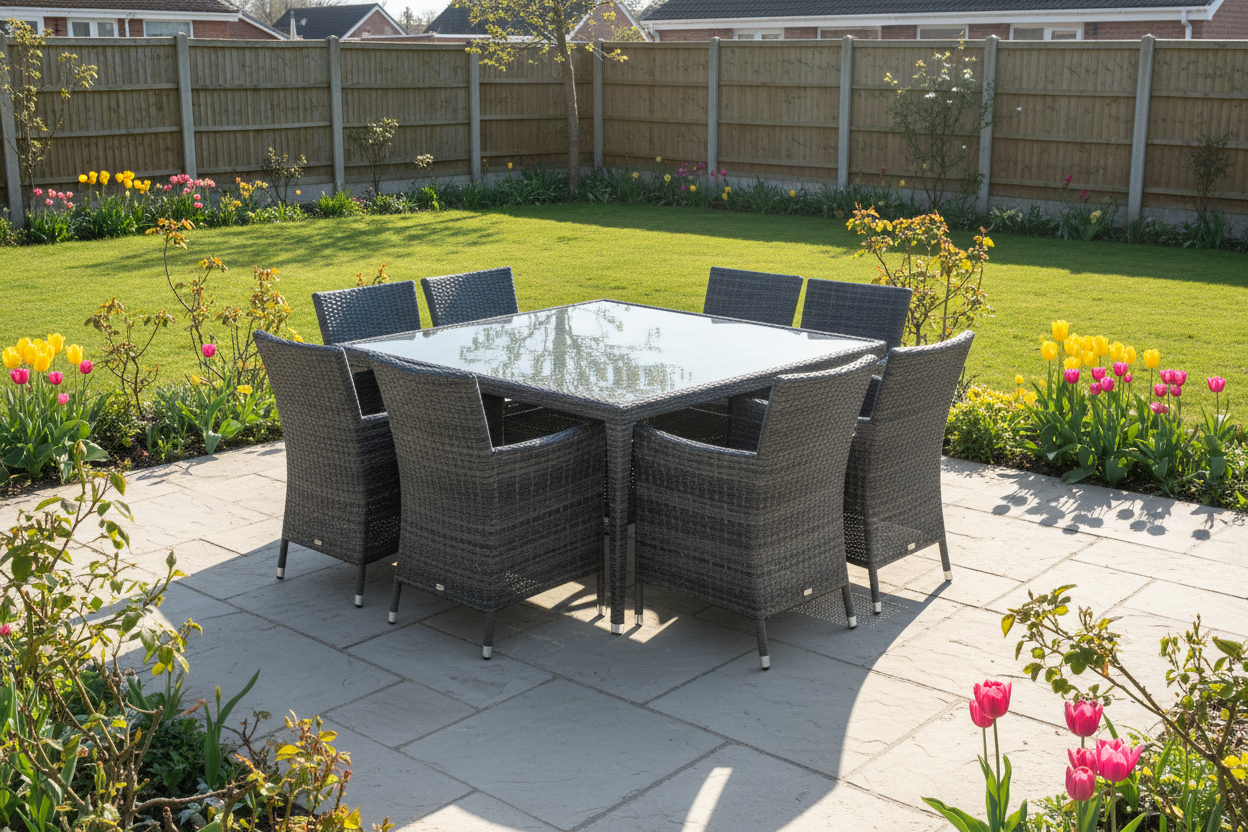 A photorealistic, wide-angle shot of a modern, dark grey rattan outdoor dining set with a sleek glass-top table and matching chairs, positioned on a sun-drenched patio in a typical UK suburban garden. The garden features freshly mown lawn, vibrant spring tulips in shades of yellow and pink, and budding rose bushes. The lighting is bright, natural daylight from a late morning sun, casting soft shadows. The composition is aspirational and inviting.