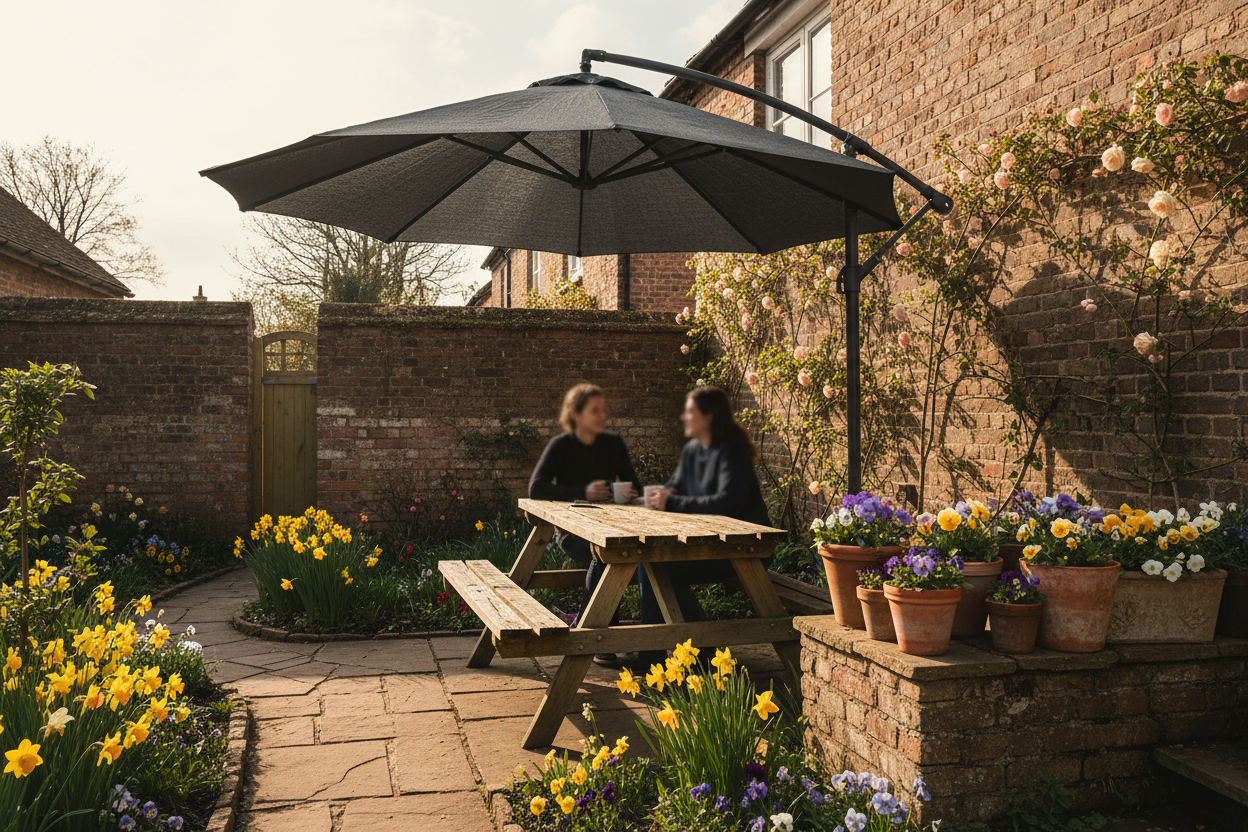 A photorealistic medium shot of a charming UK cottage garden on a sunny spring afternoon. A partially open, charcoal grey cantilever parasol casts dappled shade on a rustic wooden picnic bench. Two silhouetted, out-of-focus figures enjoy tea. The garden is filled with bright yellow daffodils, pansies in terracotta pots, and budding climbing roses on a weathered brick wall. Warm, golden hour sunlight filters through the foliage, creating a cozy atmosphere. The image suggests the pleasure of outdoor living, blending charcoal, spring yellows, pinks, and earthy garden tones.