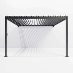 Modern black pergola with adjustable canopy for outdoor patio or garden, providing shade and style. Perfect for outdoor living spaces, entertaining, and adding value to your home.