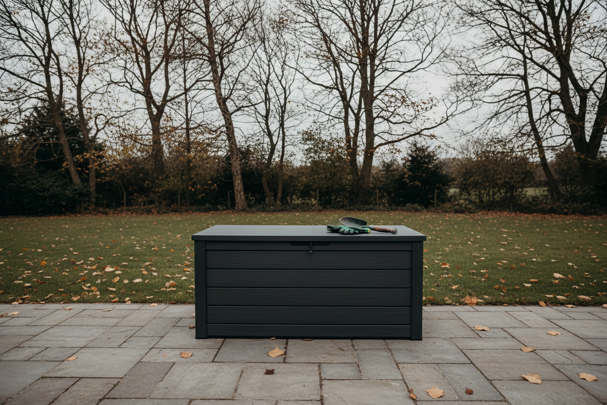 A photorealistic, wide-angle shot of a modern, charcoal grey composite garden storage box, approximately 1.5m wide, on a paved patio in a UK garden during late autumn. Bare-branched trees with golden-brown leaves and a grey winter sky create a serene atmosphere. Gardening gloves and a trowel rest on the box, highlighting its sleek design in an aspirational outdoor space.
