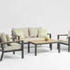 Modern outdoor patio furniture set with beige cushions, black metal frames, and wooden armrests, perfect for garden, backyard, or outdoor living spaces.