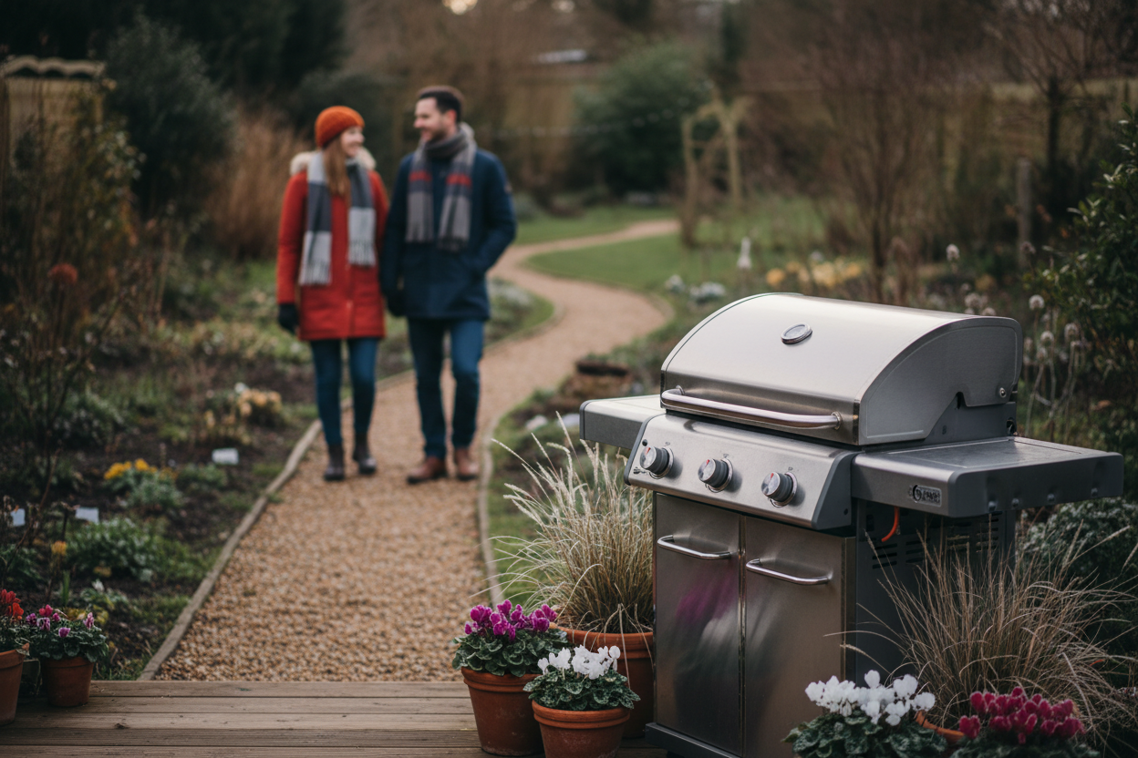 A cozy winter scene in a slightly overgrown UK garden, featuring a modern gas BBQ on a wooden deck in the foreground. In the softly lit background, a couple walks hand-in-hand on a gravel path, their faces blurred. Hardy cyclamen and ornamental grasses in terracotta pots surround the BBQ, creating a warm and inviting atmosphere of outdoor living in colder months.