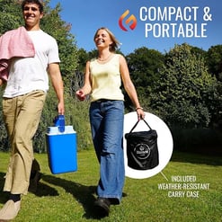 Portable mini fridge with weather-resistant carry case, perfect for outdoor activities and picnics, offering compact and efficient cooling solutions.