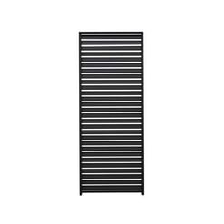 Black metal outdoor privacy screen with horizontal slats for stylish garden fencing and patio privacy solutions.