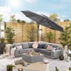 Modern outdoor patio with cushioned sectional sofa, stylish throw pillows, and a large patio umbrella, surrounded by lush plants and garden decor for an inviting backyard living space.