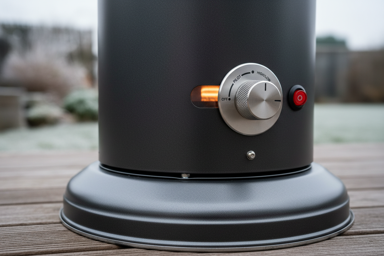A close-up, photorealistic shot of the base and ignition mechanism of a contemporary UK-style patio heater. The dark grey powder-coated steel shows a subtle sheen in the natural, overcast winter daylight. The precision of the control knob and the sturdiness of the base are emphasized. A hint of warm orange from a pilot light adds sophistication. The shallow depth of field blurs the background, suggesting a winter garden.