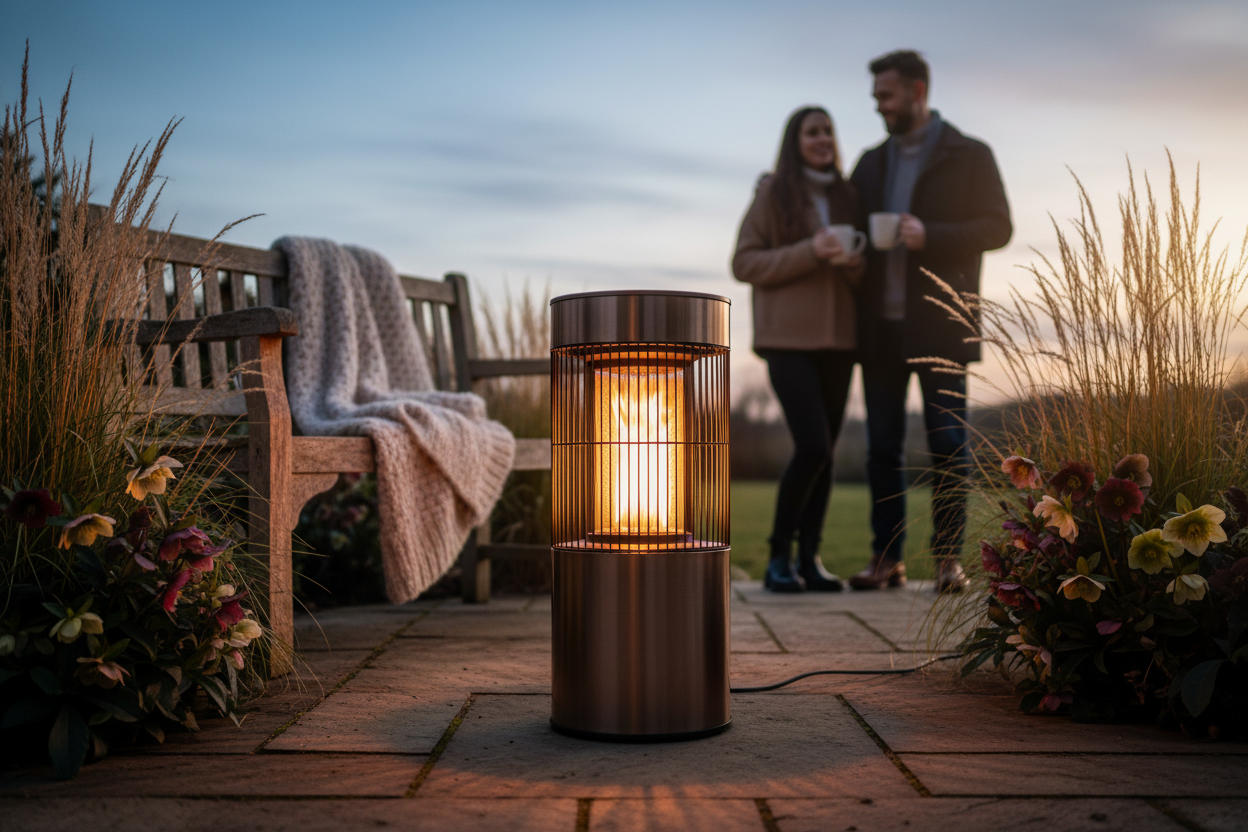 A photorealistic medium shot shows a modern bronze garden heater radiating a warm, inviting glow on a crisp winter evening in a charming UK garden. In the softly blurred background, a silhouetted couple enjoys a quiet moment, their figures outlined by the heater's light, possibly holding warm drinks. A weathered wooden bench with a soft throw and hardy winter plants like ornamental grasses and hellebores are visible. The scene is illuminated by the fading daylight and the heater's amber radiance, creating a cozy and aspirational atmosphere. The camera is positioned slightly low, drawing the viewer into the scene with a color palette of warm bronzes, deep greens, rich burgundies, and soft amber light.