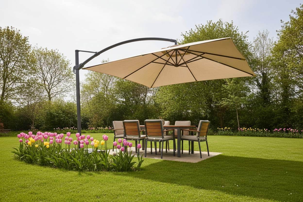 A photorealistic, wide-angle shot showcases a contemporary cantilever parasol with a natural linen-coloured canopy, elegantly shading a modern outdoor dining set. The setting is a manicured UK garden on a bright spring late morning, featuring a vibrant green lawn dotted with pink and yellow tulips, and mature, leafy trees in the background. Soft, diffused daylight casts gentle shadows, creating an aspirational and inviting atmosphere. The slightly low camera angle emphasizes the scale and design of the parasol, with a colour palette dominated by fresh greens, soft pastels, and the parasol's warm neutral fabric.