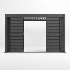 Modern black metal pergola with louvered sides and slatted roof for outdoor living and shade, ideal for gardens, patios, and backyard spaces.