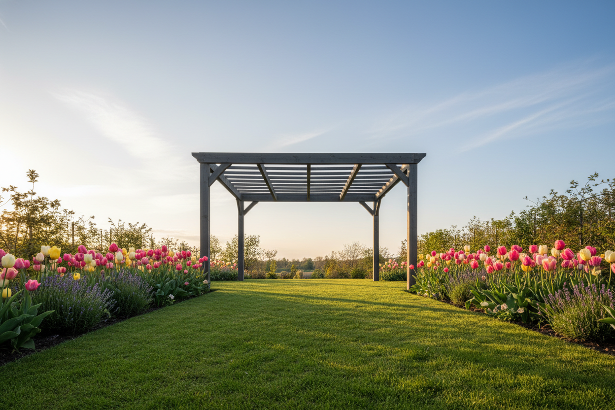 A wide-angle, photorealistic shot of a modern, charcoal-grey wooden pergola with clean lines, set in a lush UK garden during late Spring. The pergola is positioned above a sloping lawn, with flowerbeds filled with pink, yellow, and white tulips and budding lavender. Golden hour sunlight filters through the pergola's slats, creating dappled shadows on the manicured grass. The sky is clear blue with a few wispy clouds. The scene conveys a warm, inviting, and aspirational atmosphere, highlighting the pergola as a central feature for outdoor living.