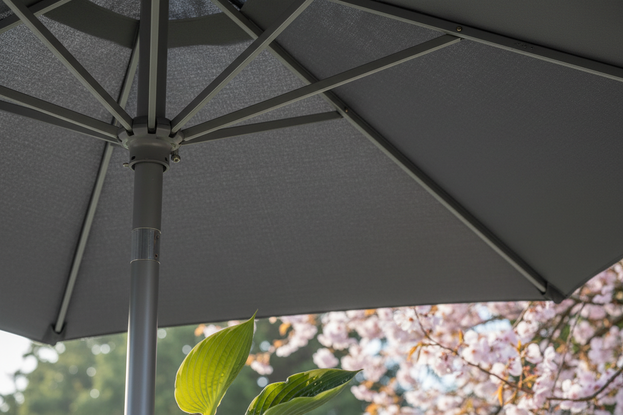 A photorealistic close-up of a modern charcoal grey garden parasol, highlighting the robust brushed aluminium frame and the textured, water-resistant fabric canopy. Intricate stitching and the smooth material texture are visible, with natural morning light enhancing the premium finish of the mechanism and pole. The blurred background subtly hints at a UK garden with dew drops on hosta leaves or cherry blossom petals. The low angle emphasizes the product's solidity and engineering.