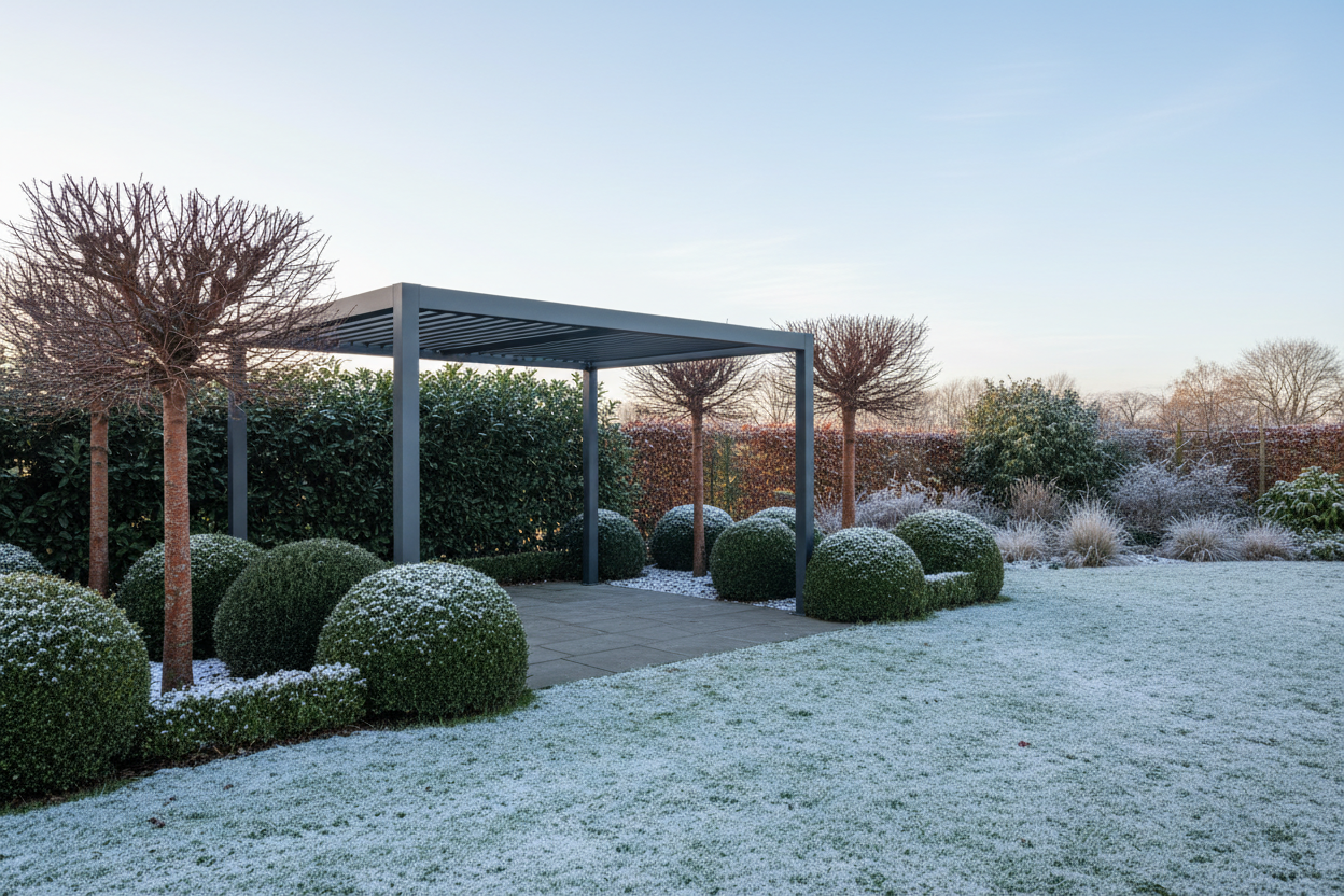 A photorealistic, wide-angle view of a modern charcoal-grey aluminium pergola with a retractable slatted roof in a contemporary UK garden during late winter. Soft, diffused daylight illuminates the scene under a crisp, clear late afternoon sky. Light snow dusts the ground, and the space is framed by evergreen shrubs like boxwood and bare-branched ornamental trees with subtle winter bark texture. The colour palette features muted greys, deep greens, and pale blues, creating a serene and aspirational atmosphere. The pergola is the central focal point, positioned slightly off-center.
