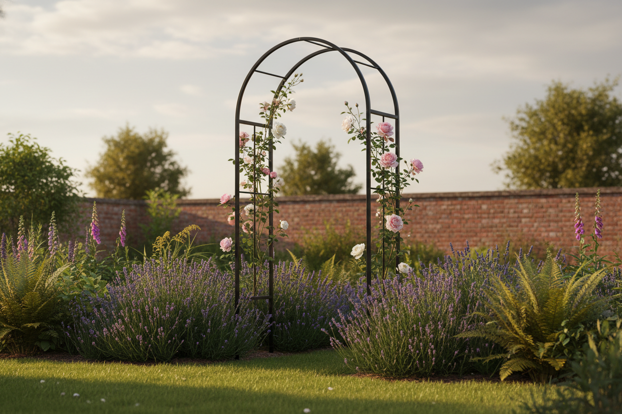A photorealistic image of a contemporary, matte black metal garden arch, approximately 2.5 meters high and 1.5 meters wide, covered in delicate, unfurling soft pink and white climbing roses. The arch is situated in a charming, slightly overgrown UK cottage garden during late Spring. Warm, diffused sunlight casts gentle shadows across the scene, highlighting a lush green lawn and a distant weathered brick wall. Surrounding plants include swathes of lavender, emerging foxgloves, and vibrant green ferns, creating a tranquil and inviting atmosphere.