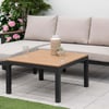 Contemporary outdoor patio furniture set featuring a beige cushioned sectional sofa with wooden armrests and a matching wooden-top coffee table, perfect for garden or backyard relaxation.