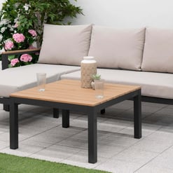Contemporary outdoor patio furniture set featuring a beige cushioned sectional sofa with wooden armrests and a matching wooden-top coffee table, perfect for garden or backyard relaxation.