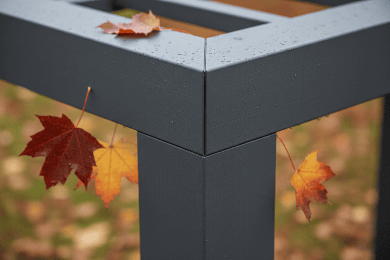 A photorealistic, close-up detail shot of the corner joint of a modern, dark grey aluminium pergola. The image emphasizes clean lines, precise craftsmanship, and the weather-resistant brushed aluminium material, with subtle hints of dew. The blurred background features muted autumn foliage in deep red and gold, suggesting a garden setting. Soft, directional natural light highlights the material's quality and creates defining shadows, showcasing the product's durability and modern aesthetic.