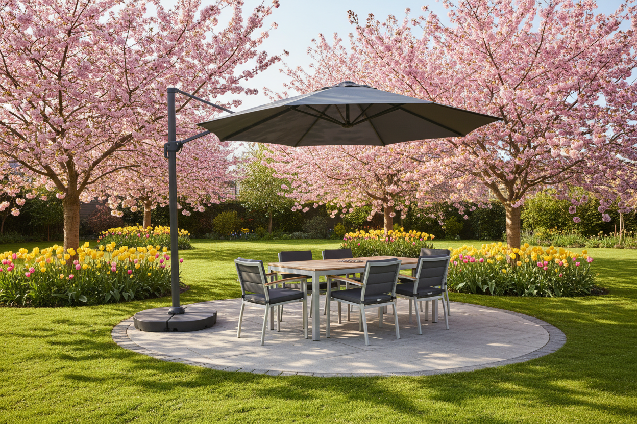 A photorealistic, wide-angle shot of a contemporary large cantilever parasol with a charcoal grey canopy, elegantly positioned over a modern outdoor dining set in a manicured UK suburban garden. The garden features manicured lawns, blooming cherry blossom trees, and vibrant pink and yellow tulips. Sunlight streams through the branches, creating dappled light. The scene captures a bright, clear late morning on a spring day with a soft, warm glow. The eye-level composition highlights the parasol as the central focus against a gently blurred background of fresh greens, soft pinks, and sunny yellows, evoking an aspirational and inviting aesthetic.
