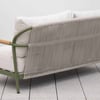 Modern outdoor sofa with woven rope backrest, neutral cushions, and green metal frame, ideal for patio or garden furniture.